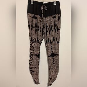 Boho Black and Beige Patterned Pants Women's Large Elastic Waist